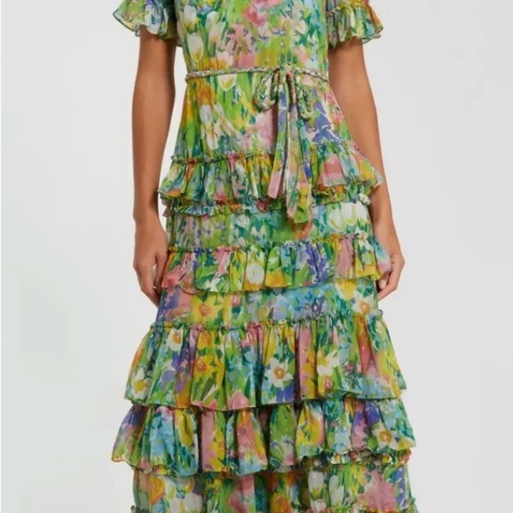 Mac Duggal Multicolor Floral Tiered Maxi Dress